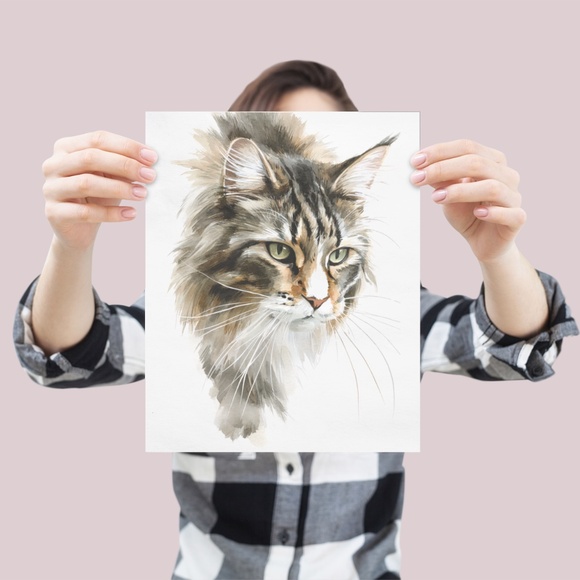 Watercolor Maine Coon Cat Illustration Wall Art Print Unframed - Picture 5 of 7